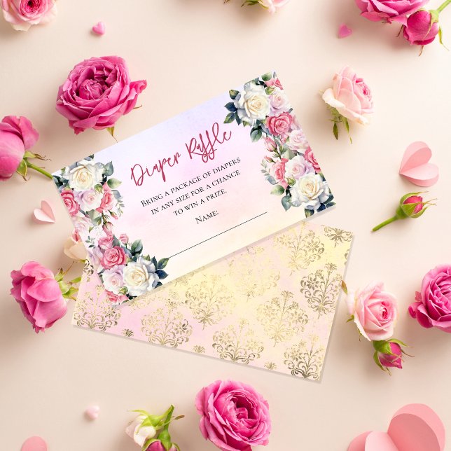 Eine kleine Rose Floral Damask Windeln Raffle Begleitkarte (Pink Rose Bouquets Girl Baby Shower "Diaper Raffle" Insert Card -- A Little Rose Collection)