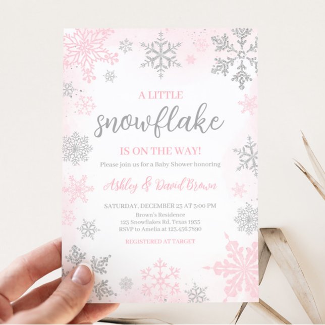 Eine kleine Schneeflocke Pink-Babydusche Einladung (Pink and Silver Little Snowflake Baby Shower Invitation)