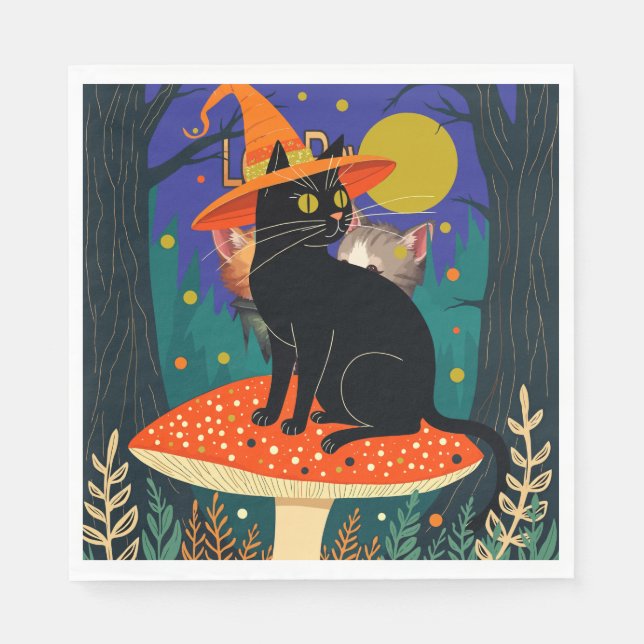 Eine kleine schwarze Hexenkatze sitzt auf einem Fl Serviette (Vorderseite)