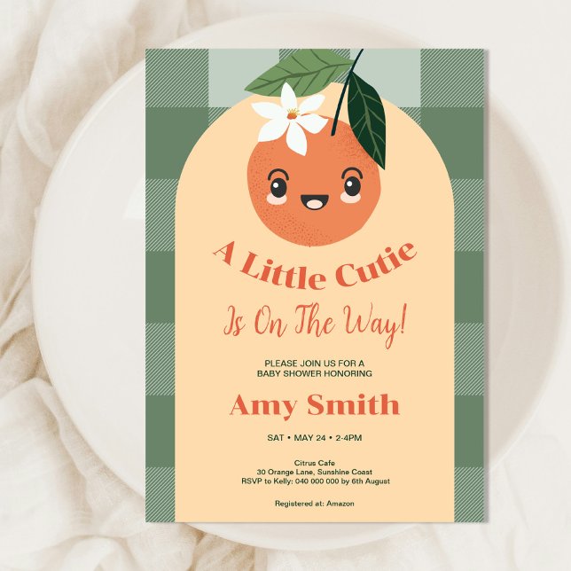 Eine kleine Süsse Citrus Orange Gingham Baby Dusch Einladung (Von Creator hochgeladen)