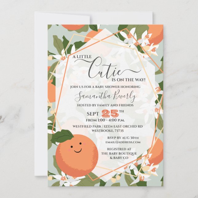 Eine kleine Süsse Citrus und Mint Green Baby Dusch Einladung (Vorderseite)