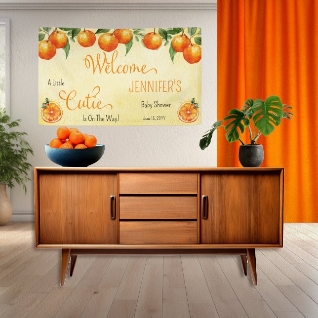 Eine kleine Süsse Citrus Watercolor Babydusche Banner ("Welcome" "A Little Cutie Is On The Way!" Orange Clementine Citrus-Themed Baby Shower Banner)