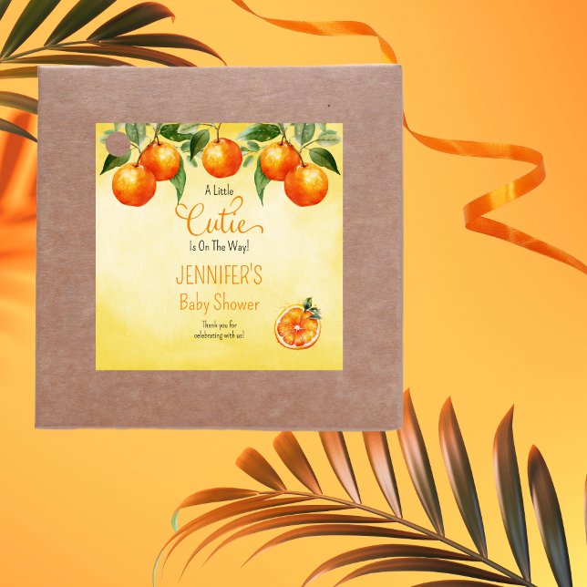 Eine kleine Süsse Citrus Watercolor Babydusche Geschenkanhänger ("A Little Cutie Is On The Way!" Orange Clementine Citrus-Themed Baby Shower Favor Tag)