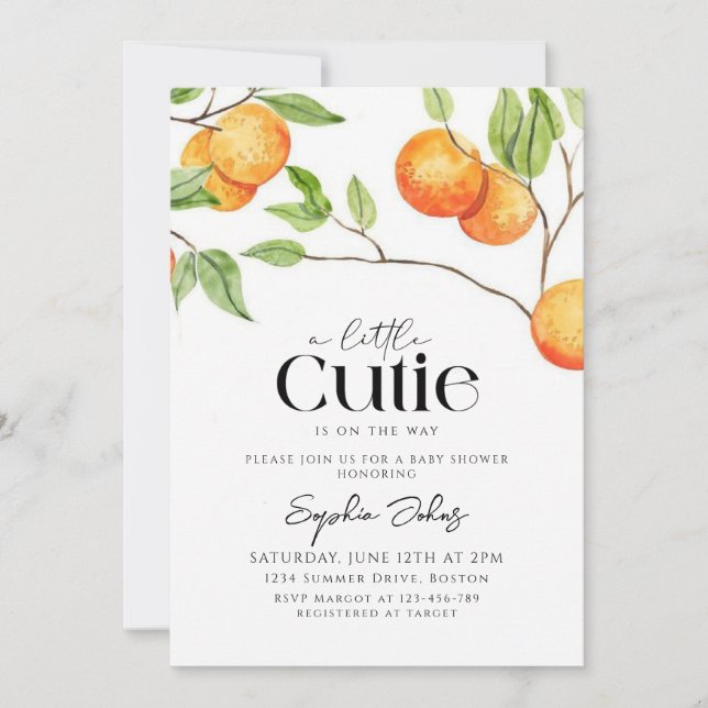 Eine kleine Süsse Clementine Orange Babydusche Einladung (Vorderseite)