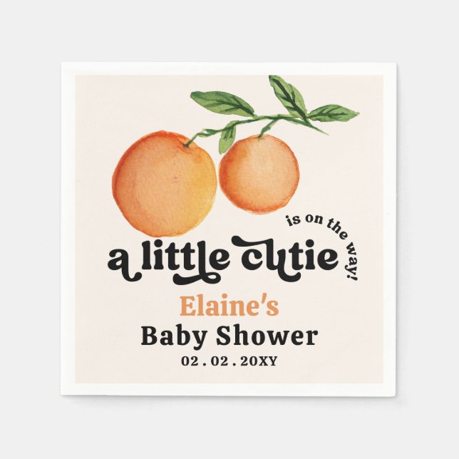 Eine kleine Süsse ist unterwegs mit einer orangefa Serviette (Vorderseite)