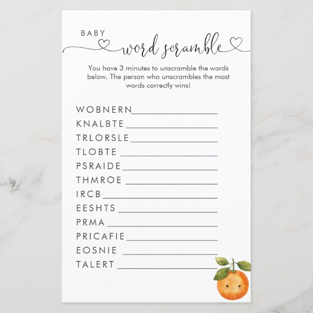 Eine kleine Süsse Orange Clementine Word Scramble (Vorderseite)