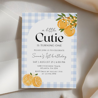 Eine kleine süße orange Gingham-Zitrus 1. Geburtst Einladung