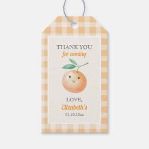 Eine kleine süße orange Gingham-Zitrus-Baby-Party Geschenkanhänger