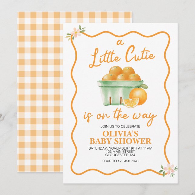 Eine kleine Süsse orange karierte Babydusche Einladung (Vorne/Hinten)