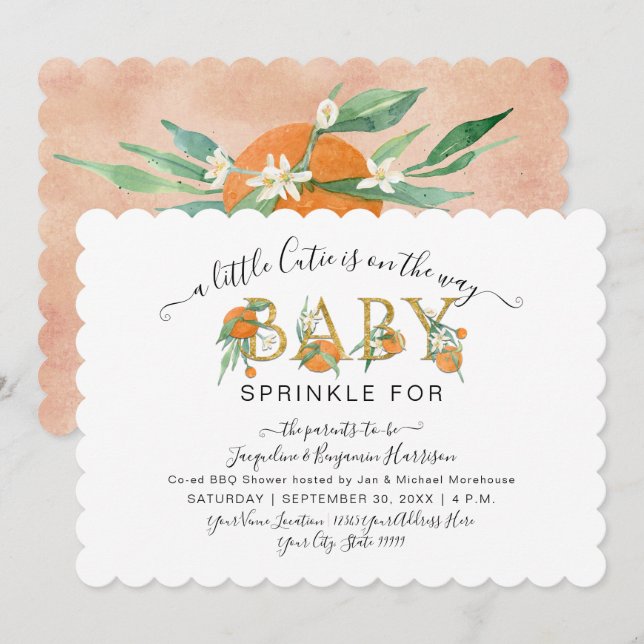 Eine kleine Süsse Orangen Wasserfarben Babydusche Einladung (Vorne/Hinten)