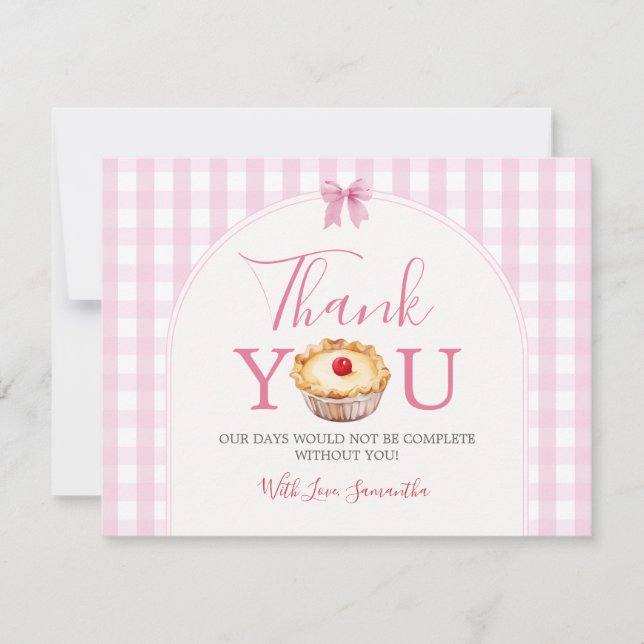 Eine kleine Süsse Pie Pink Gingham Baby Dusche Dankeskarte (Vorderseite)