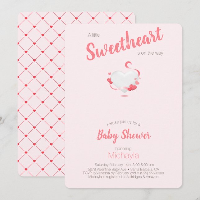 Eine kleine süße, rosa Herz-Mädchen-Babydusche Einladung (Vorne/Hinten)