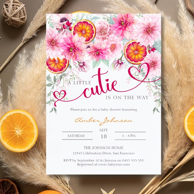 Eine kleine Süsse Zitrusfrüchte und Pink Floral Ba Einladung (A Little Cutie is on the way citrus and pink flowers baby shower invitation)