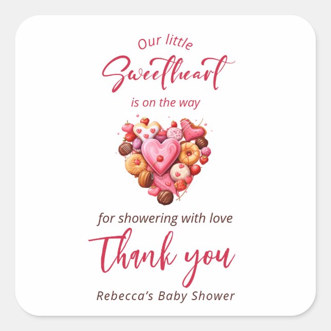 Eine kleine Sweetheart Red Sweet Heart Baby Dusche Quadratischer Aufkleber (Vorderseite)
