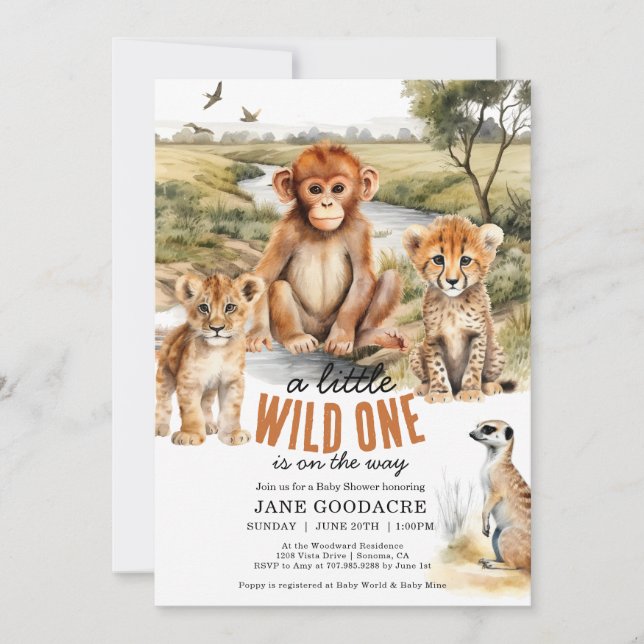 Eine kleine Wild One Safari Animals Kinderdusche Einladung (Vorderseite)