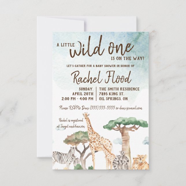 Eine kleine Wild One Safari Animals Kinderdusche Einladung (Vorderseite)