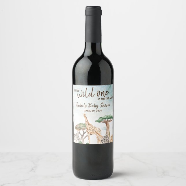 Eine kleine Wild One Safari Animals Kinderdusche Weinetikett (Vorderseite)