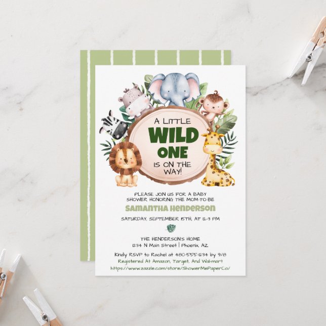 Eine kleine Wild One Safari Babydusche Einladung (Vorderseite/Rückseite Beispiel)