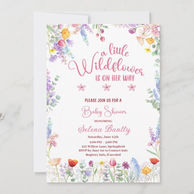 Eine kleine Wildblume Baby Girl Dusche pink Einladung (Vorderseite)
