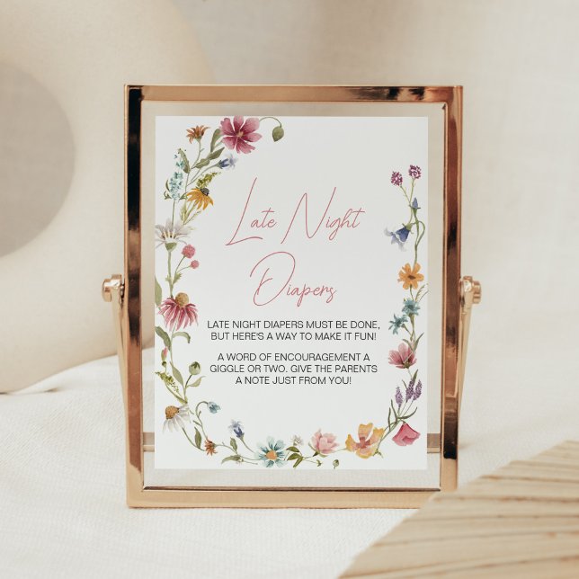 Eine kleine Wildblume Babydusche Spät-Nachttaucher Poster (Wildflower is on the way Baby Shower Late Night Diapers Sign)