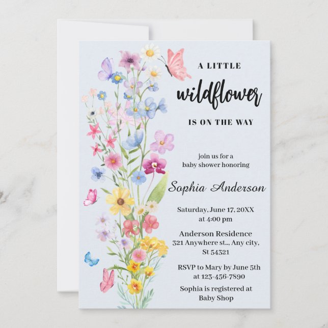 Eine kleine Wildblume Blue Baby Dusche Einladung (Vorderseite)