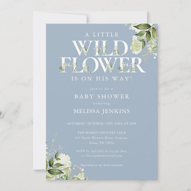 Eine kleine Wildblume Blue Greenery Baby Dusche Einladung (Vorderseite)