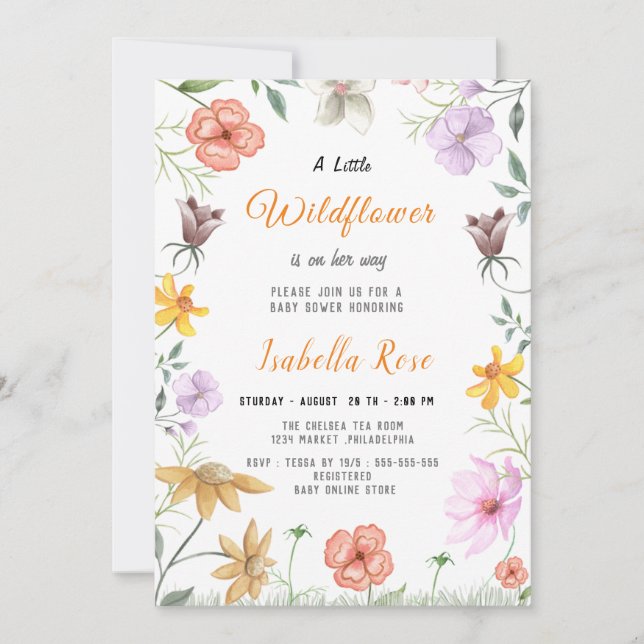 Eine kleine Wildblume Blush Pink Girl Babydusche Einladung (Vorderseite)