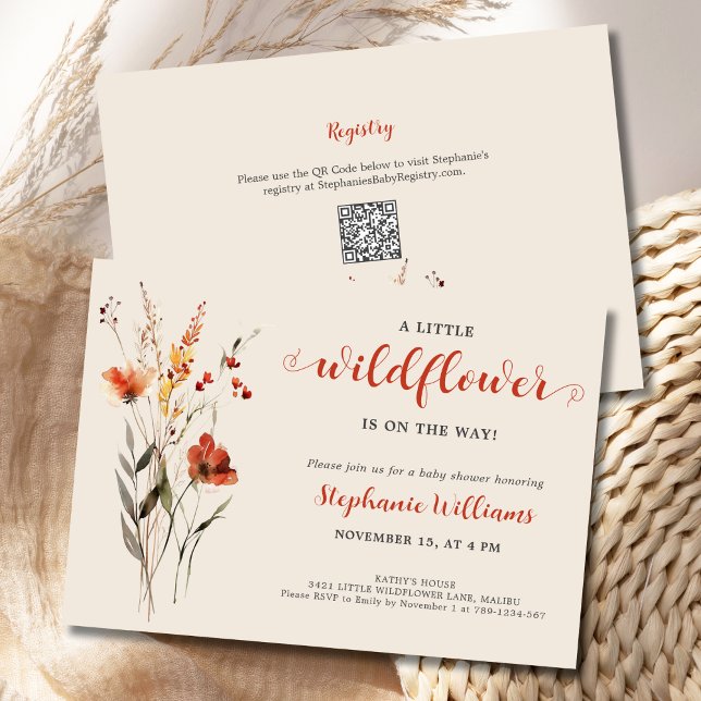 Eine kleine Wildblume BOHO Watercolor Babydusche Einladung (A Little Wildflower is on the Way Baby Shower Invitation with BOHO fall flowers in rust and orange.)