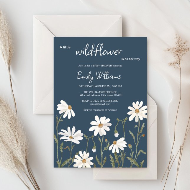 Eine kleine Wildblume, eine kleine Dusche für Kind Einladung (Daisy wildflower watercolor baby in bloom floral shower invitation in navy colors, rustic, boho)