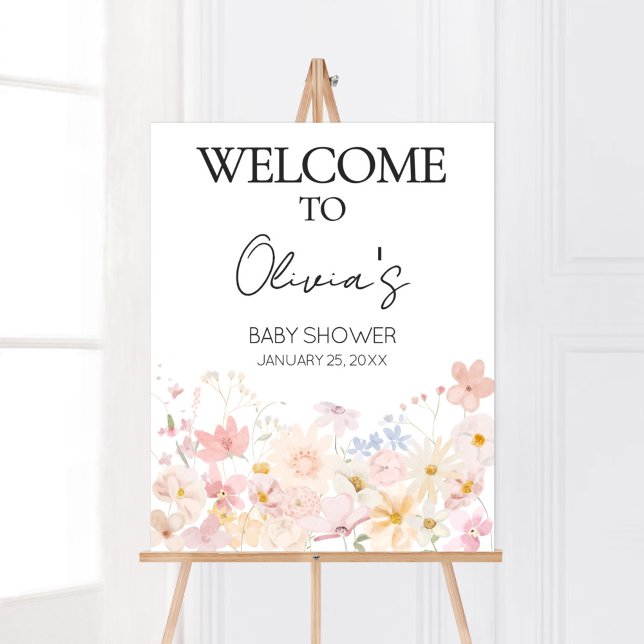 Eine kleine Wildblume ist unterwegs willkommen Poster (Floral Little Wildflower Is On The Way Baby Shower Welcome Sign)