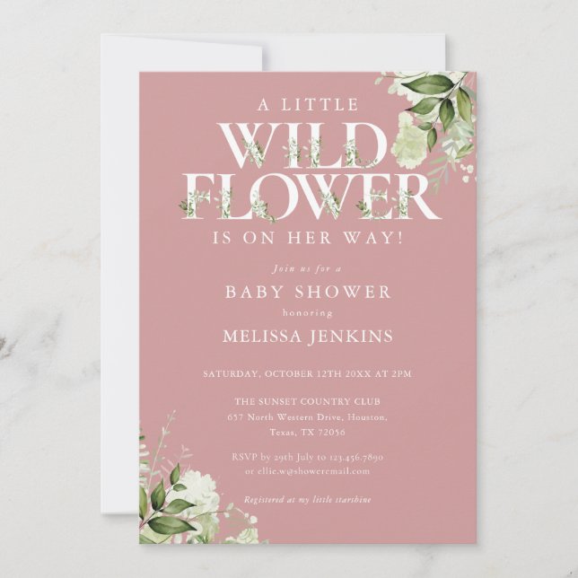 Eine kleine Wildblume Pink Greenery Girl Baby Dusc Einladung (Vorderseite)