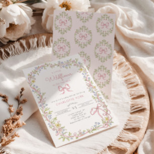 Eine kleine Wildblume rosa Schleife Rahmen Baby Sh Einladung