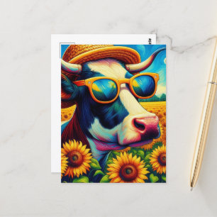 Eine Kuh in einer Sonnenbrille auf einem Sonnenblu Postkarte
