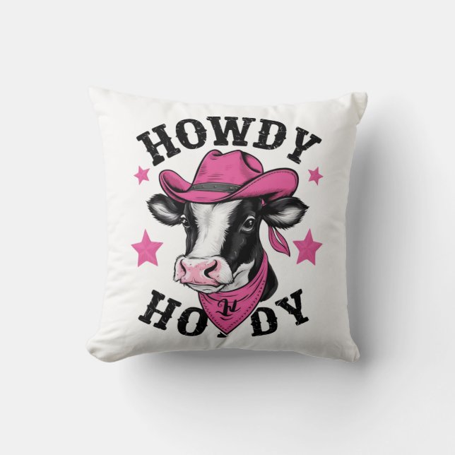 Eine Kuh mit einem lebhaften rosa Cowboy Kissen (Vorderseite)