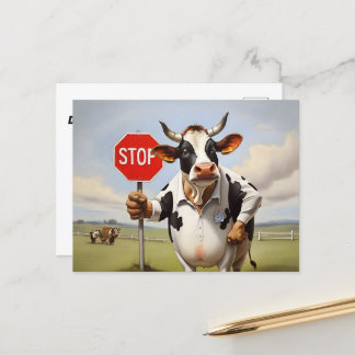 Eine Kuh mit einem Stoppschild Postkarte