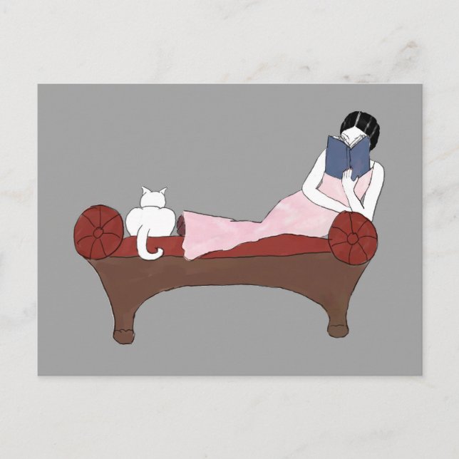 Eine Lady, eine Katze und eine sehr gute Buchpostk Postkarte (Vorderseite)