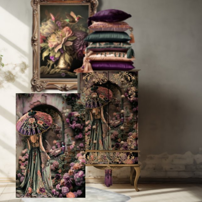 Eine Lady und ein Fasan, Chinoiserie, Portrait Art Seidenpapier (Elegant Lady with a Parasol and a Pheasant, Chinoiserie, Archway, Floral Courtyard, Decoupage)