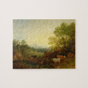 Eine Landschaft mit Vieh und Zahlen durch einen