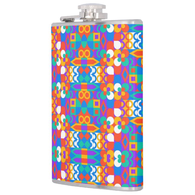Eine lebendige Flasche mit einem farbenfrohen geom Flachmann (Links)