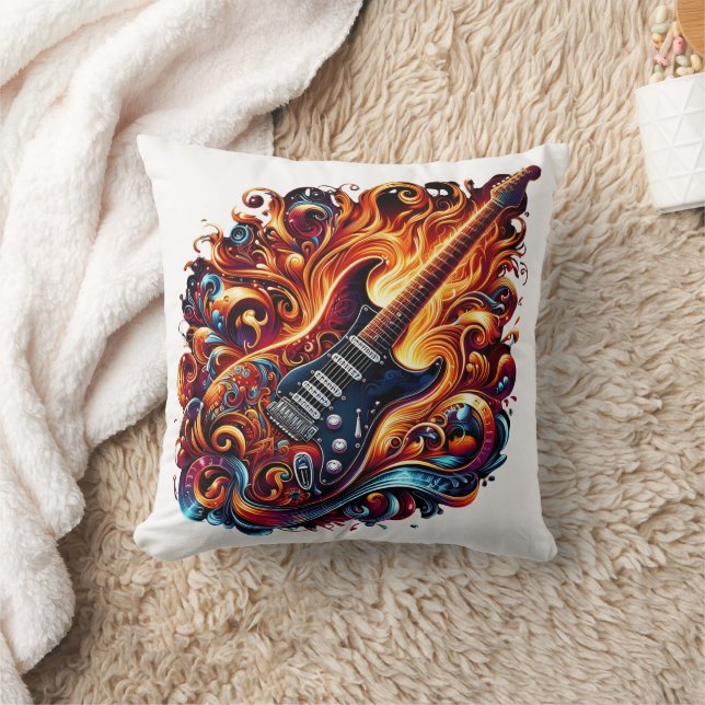 Eine lebendige Gitarre, umgeben von flammenden Fla Kissen (Decke)