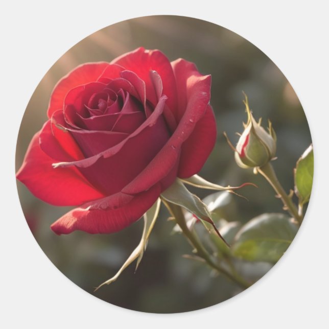 Eine lebendige rote Rose, die Liebe und Leidenscha Runder Aufkleber (Vorderseite)