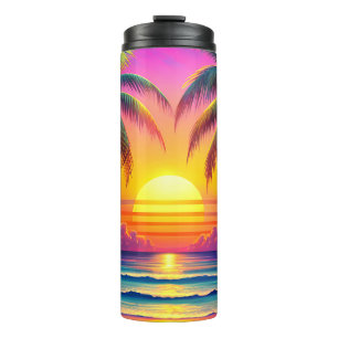 Eine lebendige Strandszene bei Sonnenuntergang Thermosbecher