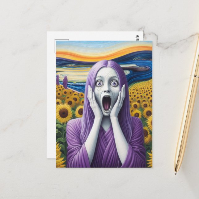 Eine Lila Alien schreit die Frau vor Sonnenblumen Postkarte (Vorderseite/Rückseite Beispiel)