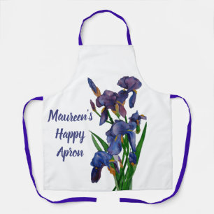 Eine lila Iris-Schürze mit Namen und Meldung Schürze