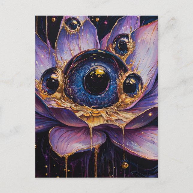 Eine Lila surreale Blume mit blauen Augen Postkarte (Vorderseite)