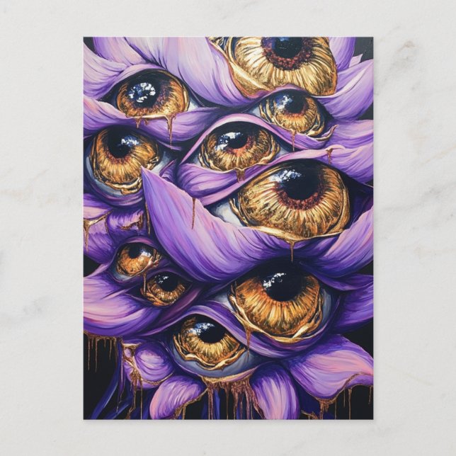 Eine Lila surreale Blume mit goldenen Augen Postkarte (Vorderseite)