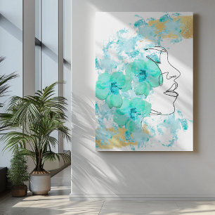 Eine Linie Gesichtskunst mit blauen Blumen Flecken Leinwanddruck