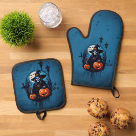Eine lustige Halloween-Szene Ofenhandschuh & Topflappen-Set