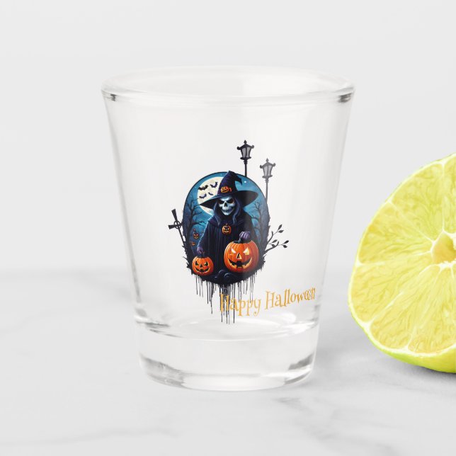 Eine lustige Halloween-Szene Schnapsglas (Vorderseite)