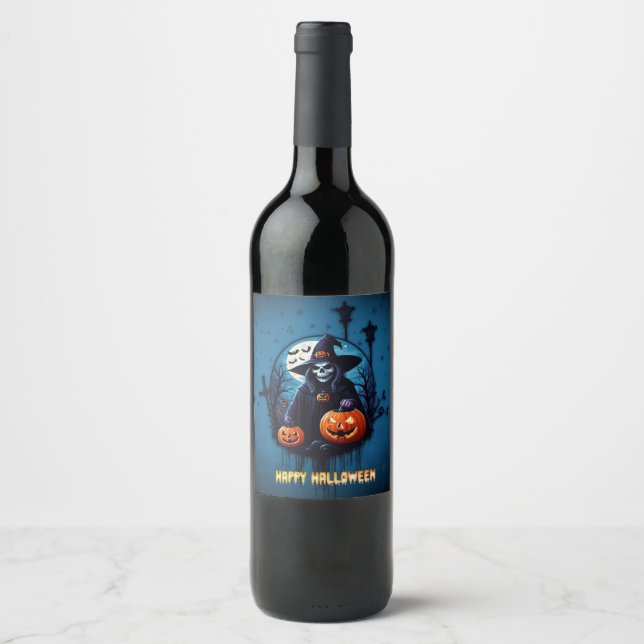 Eine lustige Halloween-Szene Weinetikett (Vorderseite)
